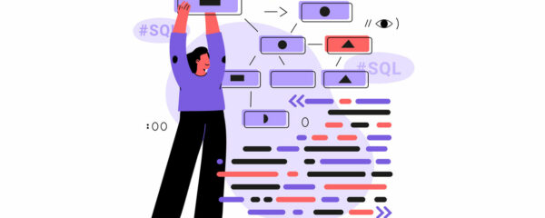 Illustration colorée d'un développeur levant un bloc de code SQL.