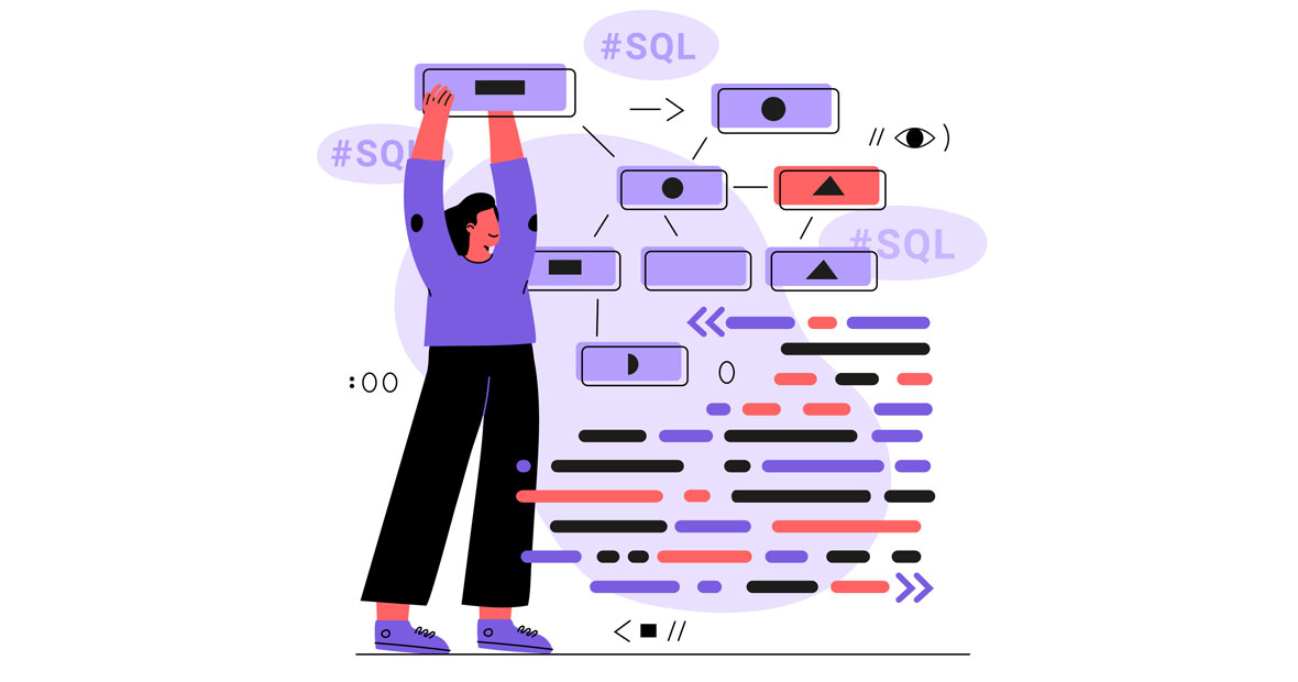 Illustration colorée d'un développeur levant un bloc de code SQL.