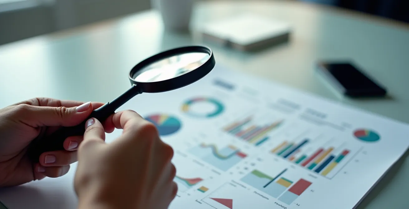 Gros plan sur des mains examinant des données avec une loupe sur une surface épurée