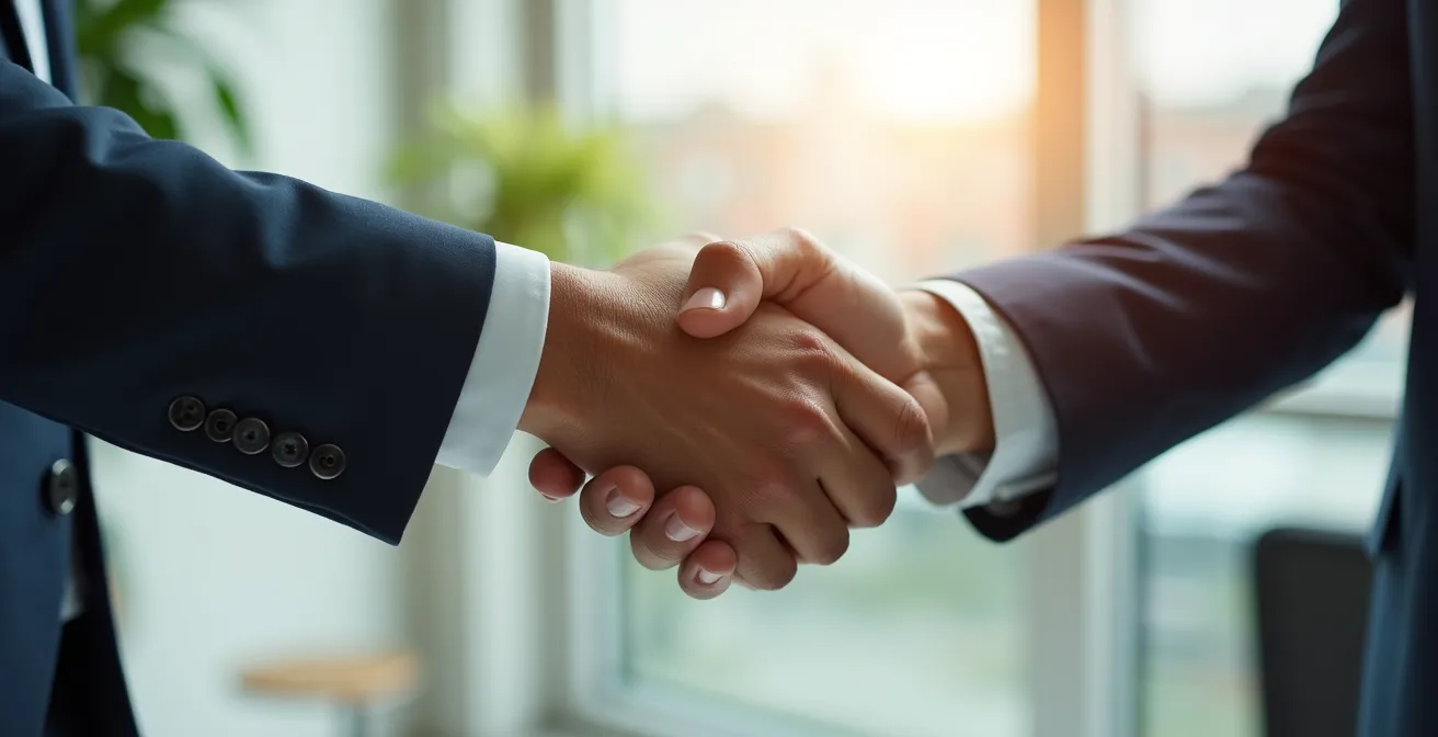 Poignée de main professionnelle symbolisant un partenariat stratégique réussi