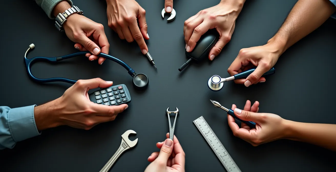 Mains de différents professionnels tenant des outils symbolisant la diversité des métiers