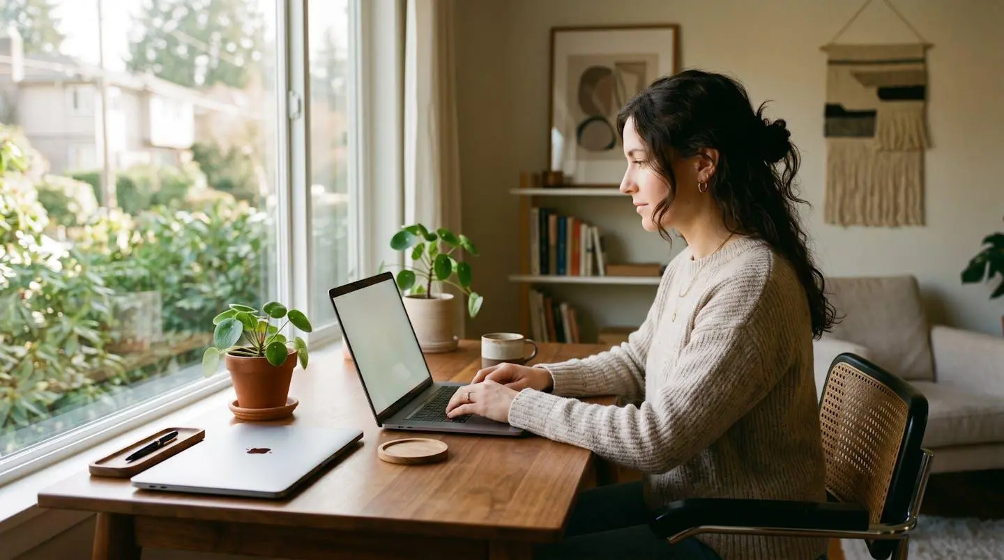 Freelance concentré sur sa formation SEO à distance depuis son domicile, environnement calme et organisé