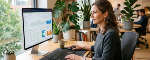 Professionnel analysant des données de référencement sur un écran dans un espace de travail contemporain