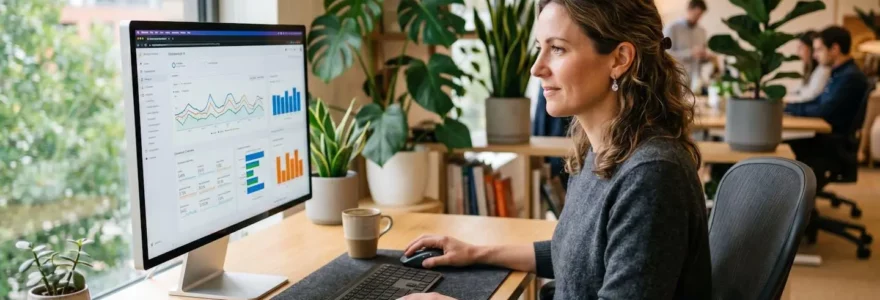 Professionnel analysant des données de référencement sur un écran dans un espace de travail contemporain
