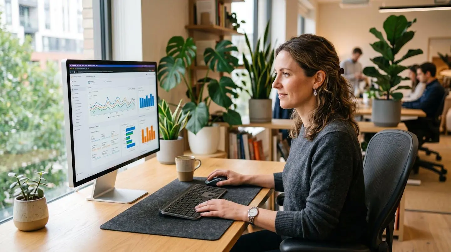 Professionnel analysant des données de référencement sur un écran dans un espace de travail contemporain